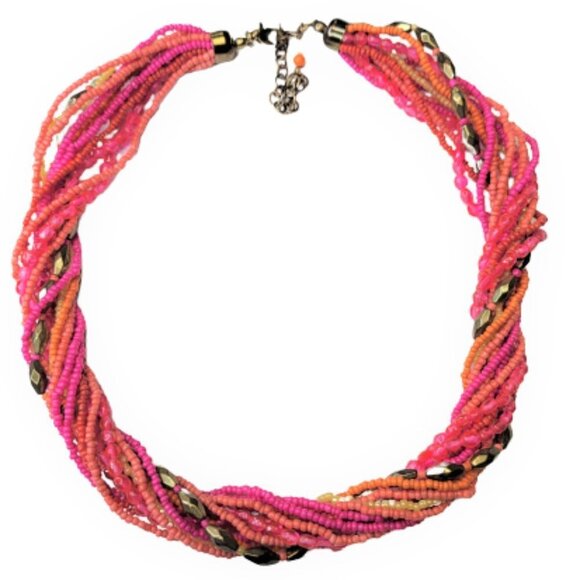 PINK and Orange Necklace, Beaded Twist 13 Strand Bead Necklace - Picture 2 of 10